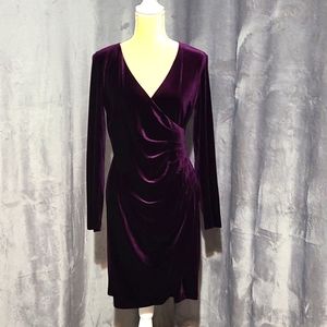 DKNY Long Sleeve Surplice V-Neck Side Ruched Velvet Sheath Dress